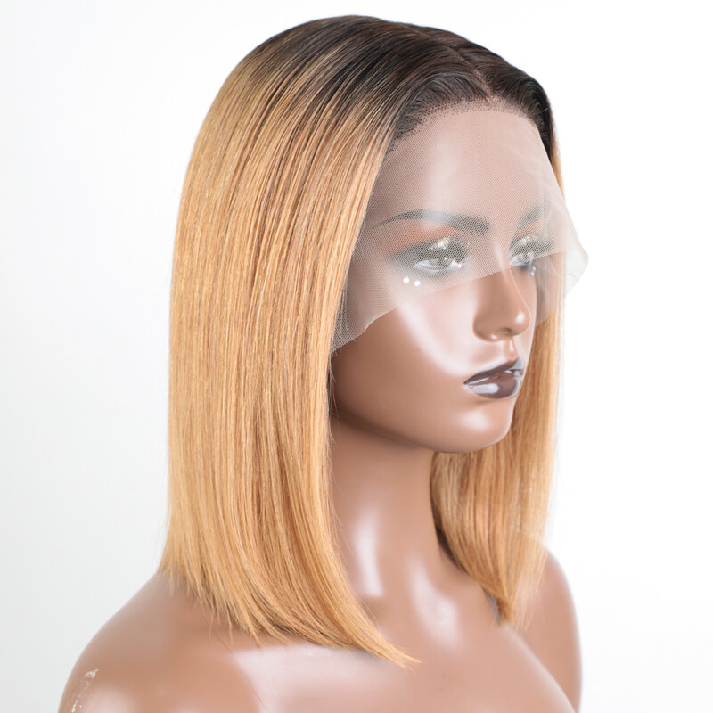 Lekker ombre gold blond kurz gerade bob 13x6x1 spitze front menschliches haar perücken für frauen leimlos brasilia nisch remy haar gefärbte perücke