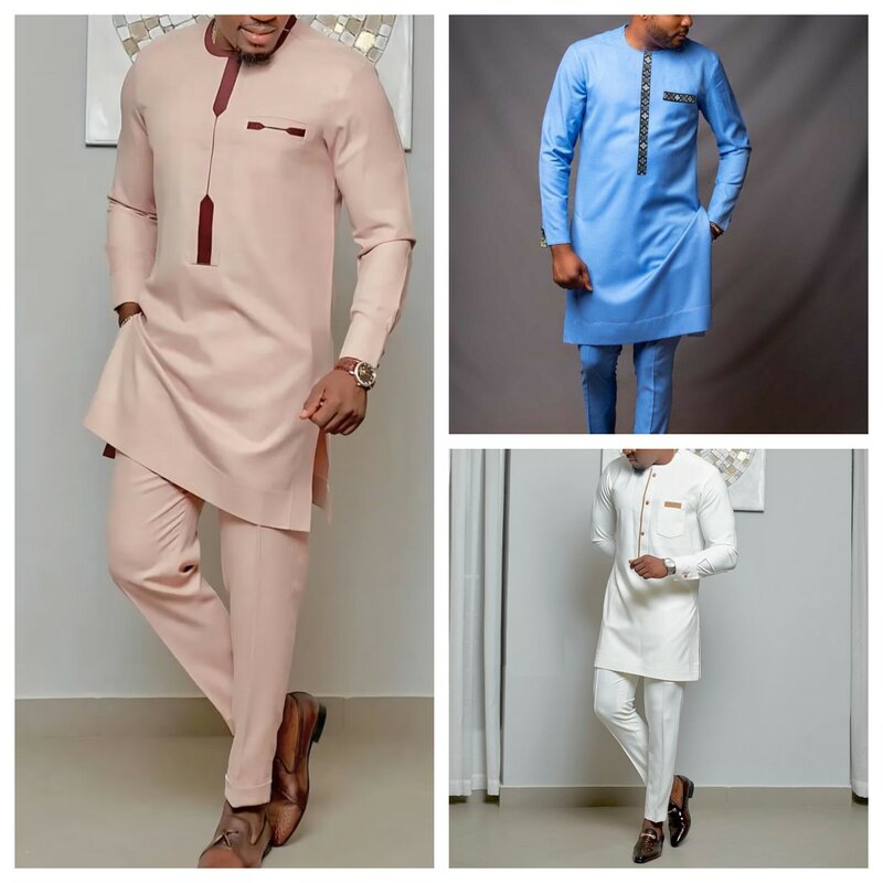 Caftano elegante Set da uomo africano 2 pezzi abiti manica lunga etnico top e pantaloni completo da uomo di lusso da sposa abbigliamento da uomo