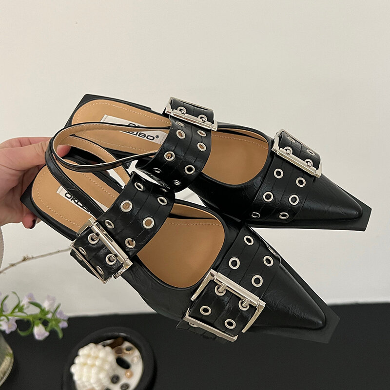 Vrouwen Plat Met Schoenen 2024 Designer Luxe Gesp Mode Dames Flats Schoenen Slingback Puntvormige Neus Casual Dames Sandalen Muiltjes