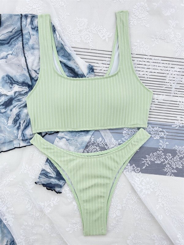 2PCS Swimsuit Bikini Women Summer Beach Wear Suit Female Solid color Split Sets New Ladies Swimming Suit