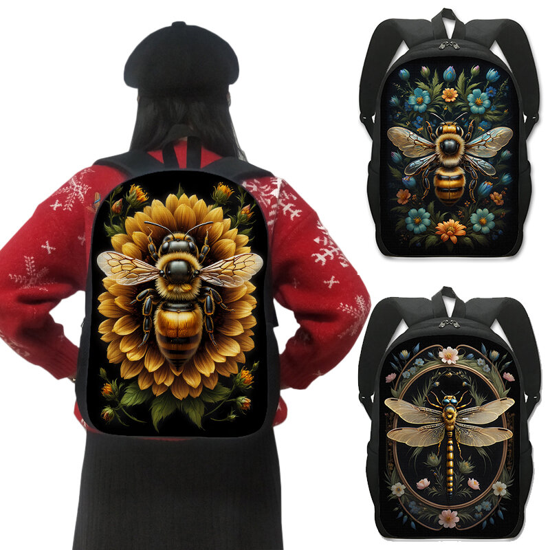 Cartoon Golden Honey Bee con stampa di fiori zaino Fantasy Dragonfly zaini per Laptop da donna zaino di grande capacità