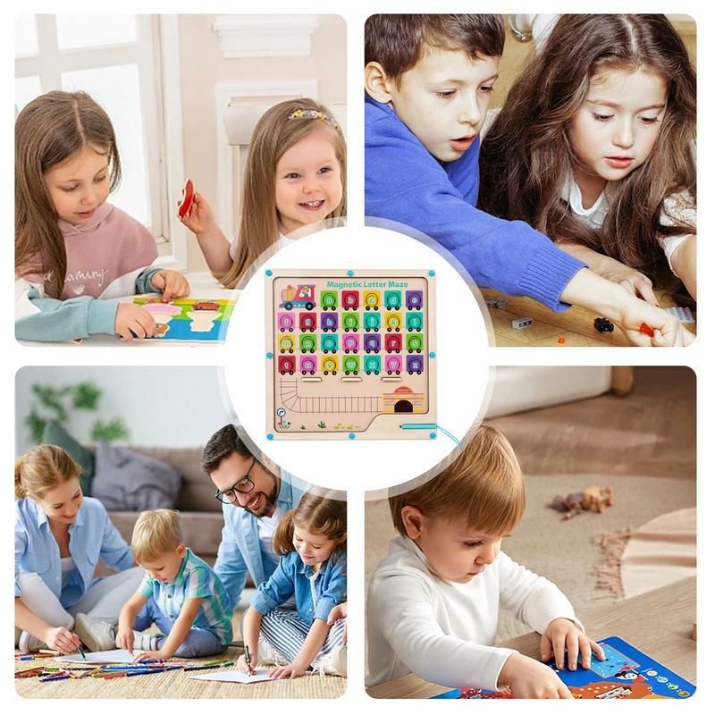 Magnetyczny alfabet labirynt drewniany list Puzzle tablica alfabet sortowanie kolorów zabawki edukacyjne labirynt magnetyczny sortowanie zabawek