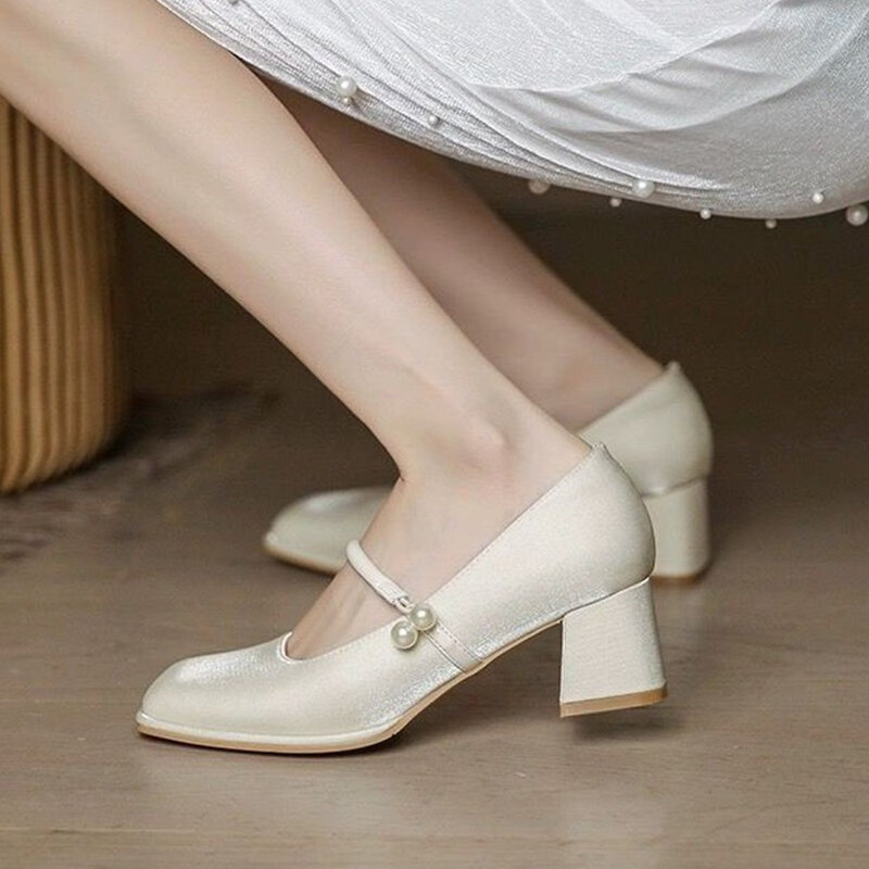 Mary Jane รองเท้าผู้หญิงส้นเตี้ยหัวรอบเท้า2024, รองเท้ารองเท้าชุดเดรสฤดูร้อนใหม่โลลิต้ารองเท้า mujer หรูหรา