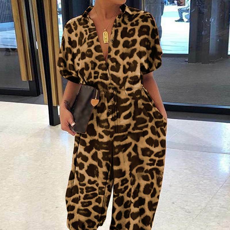 Leopard Print Pocket Jumpsuit Suit Summer Fashion V Neck Button Tie Short Sleeve Loose Jumpsuit Workwear Elegant Women Suit