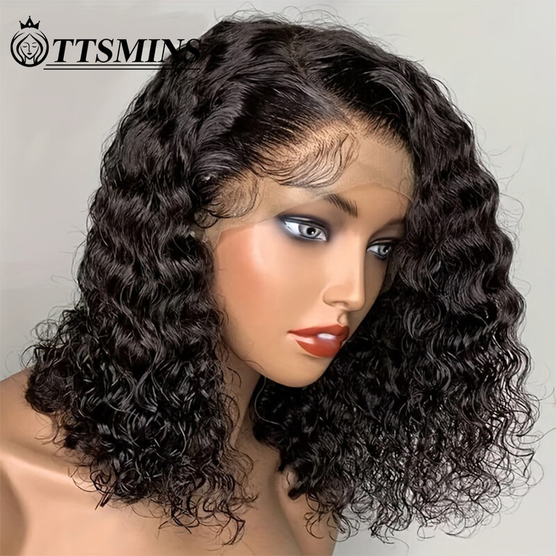 Perruque Bob Lace Front Wig Deep Wave brésilienne naturelle Remy, cheveux courts bouclés, 13x4, pre-plucked, 180% de densité