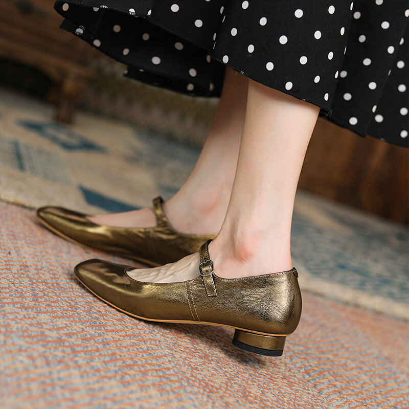 Escarpins en cuir naturel à bout carré super doux pour femmes, chaussures à essence Mary, haut en cuir cirhide, chaussures entièrement dorées, 22-2022 cm, nouveau, 24.5