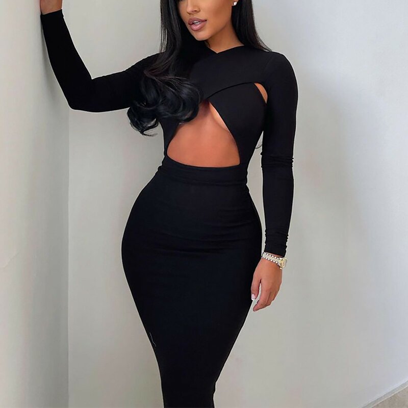 Women's Dress Sexy Solid Color Bandage Cross Tie Up Long Sleeve Bodycon Sundress Ladies Cutout Front Party Dress платье вечернее