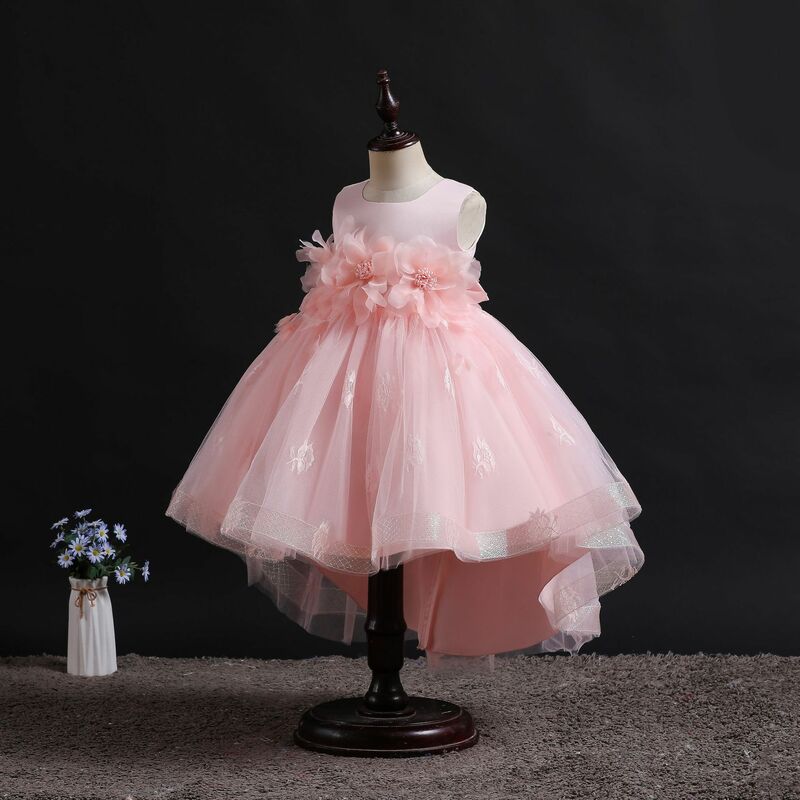 Детское платье с круглым вырезом, аппликацией и цветочным принтом