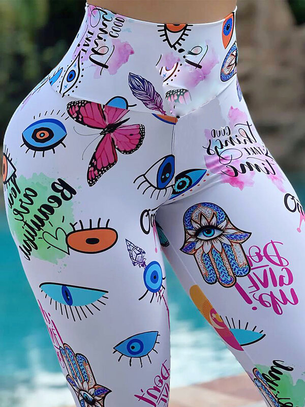 Calças Yoga com estampa arco para desenhos animados para mulheres, calças justas macias, leggings fitness, ginástica de cintura alta, roupas sexy