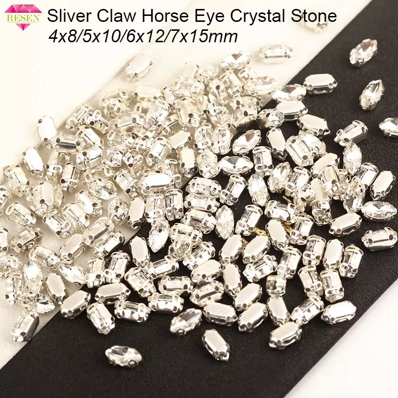 RESEN-piedras de cristal de ojo de caballo de garra plateada, diamantes de imitación de cristal de reverso plano, accesorios de ropa Diy, se venden a pérdidas, 4x8/6x12/7x15mm
