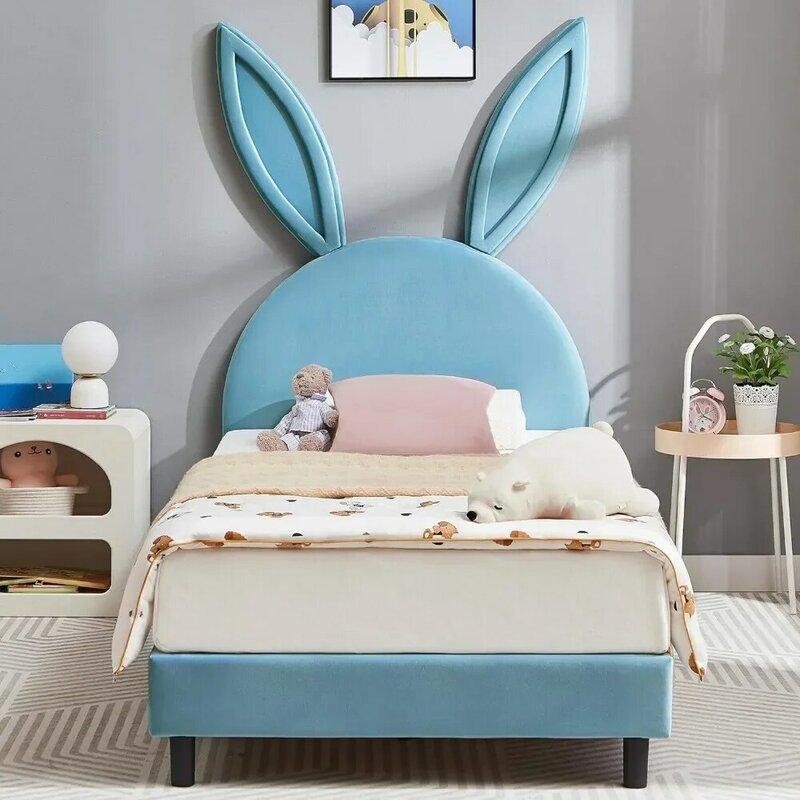 Children's twin platform bed frame with upholstered headboard, supported by 12 wooden slats, princess bed for girls