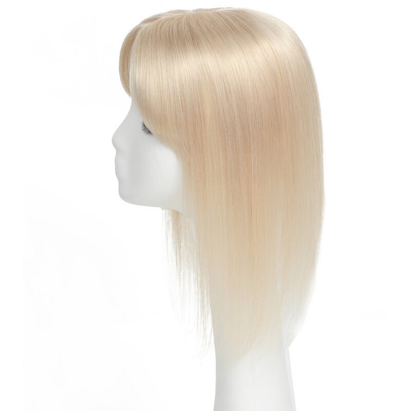 Lovevol-Topper de cheveux raides avec frange pour femme, vrais cheveux humains, postiches en dentelle T-Part, cheveux fins, taille de base, 12x13cm