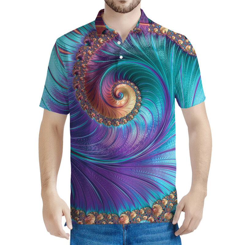Camisa polo fractal abstrata 3D colorida dos homens, rua do verão, mangas curtas, lapela Tees, botão ocasional, grandes dimensões, camisas polo