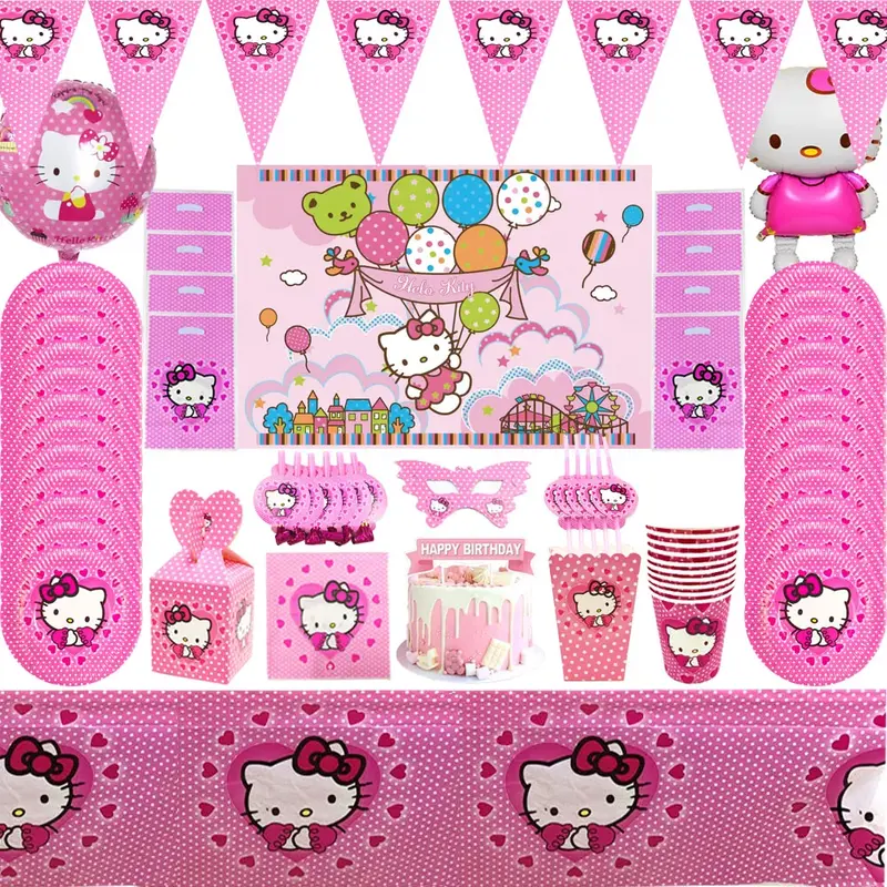 Birthday Decorations Disposable Tableware Set Cartoon Pink Cat Paper Plates Banner Napkins Girl Kids Cat Birthday Party Decor
