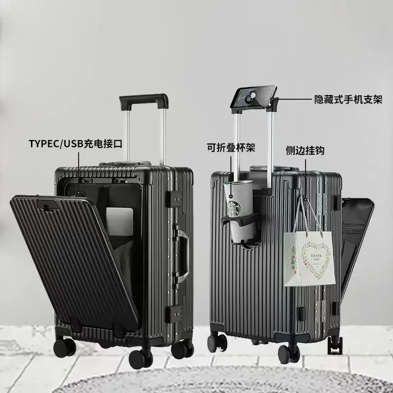 Maleta de viaje multifunción para equipaje, estuche de varilla de tracción con marco de aluminio, puerto de carga USB con portavasos plegable, bolsa de embarque