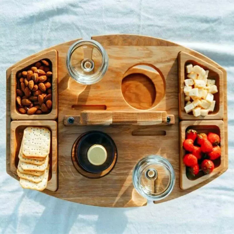 Tavolo da Picnic pieghevole in legno con supporto in vetro scrivania pieghevole rotonda portabicchieri da vino tavolo pieghevole vassoio per Snack per feste in giardino