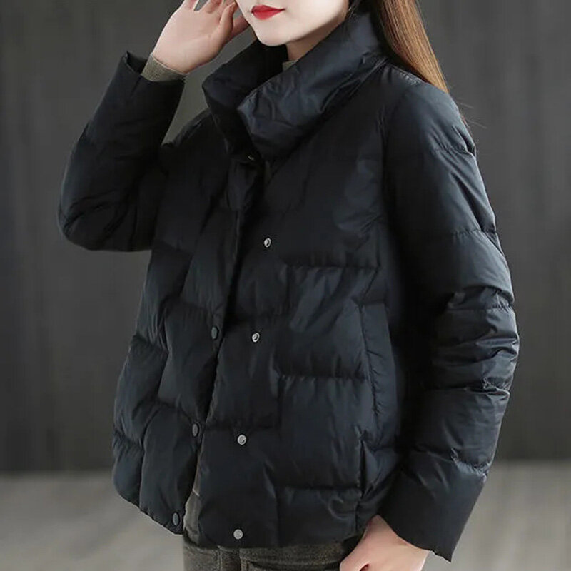 여성용 스탠드업 칼라 다운 코튼 코트, 루즈하고 가벼운 얇은 짧은 파카 재킷, 2024 가을 겨울 신상