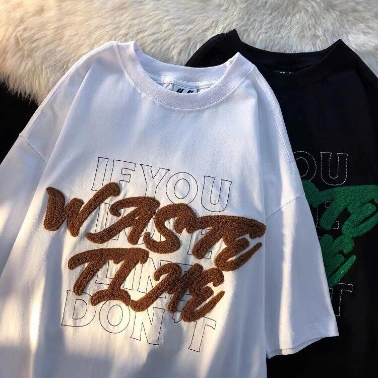 Модные летние винтажные шорты Y2k, новинка, футболка с вышивкой надписью Мао цзиньсиу, флок с коротким рукавом, свободная футболка для пары, футболка Джокера для мужчин