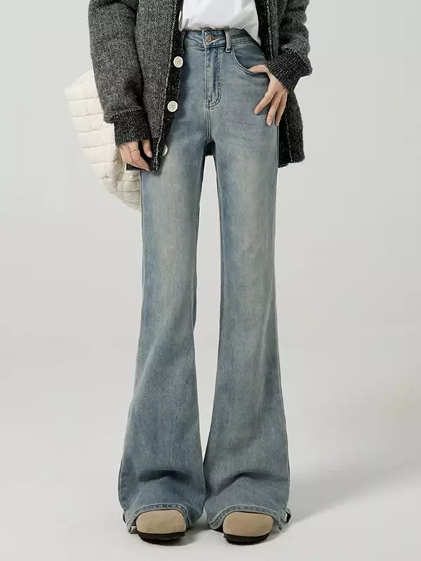 Jeans Split básico de cintura alta feminino, Slim, Vintage, Simples, Comprimento total, Casual, Feminino, Jeans lavado, Moda verão, S-XL