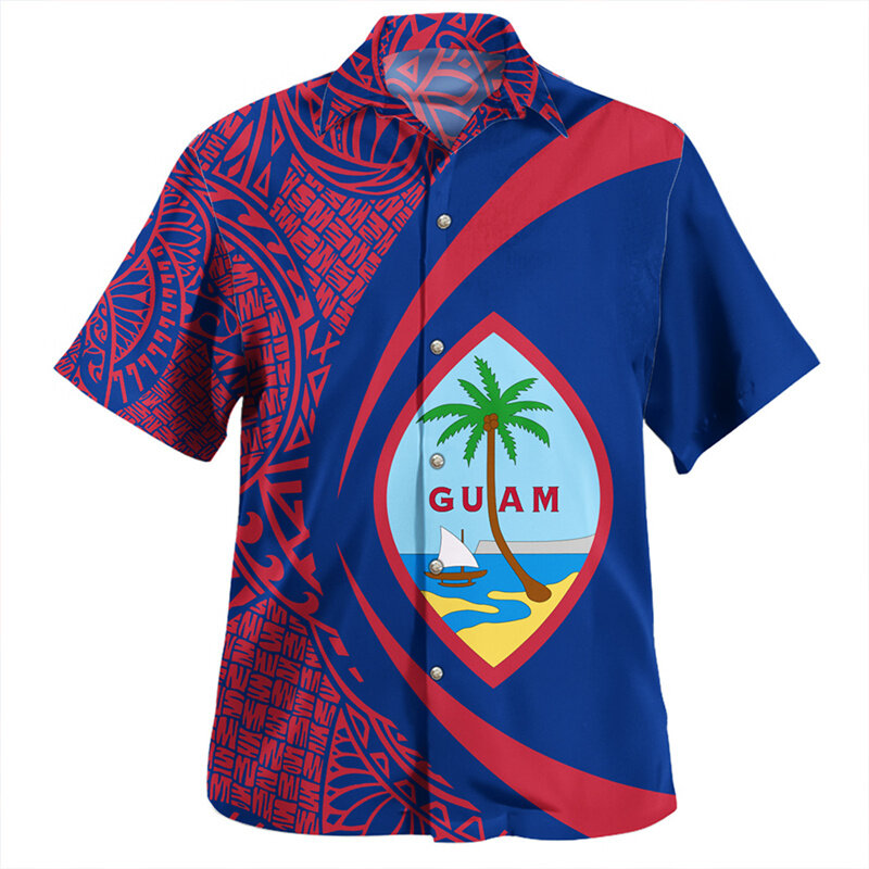قميص غوام هاواي للرجال والنساء ، أكمام قصيرة ، قمصان بأزرار كبيرة الحجم ، بلوزة شاطئ غير رسمية ، طية صدر السترة ، تخفيضات كبيرة ، الصيف