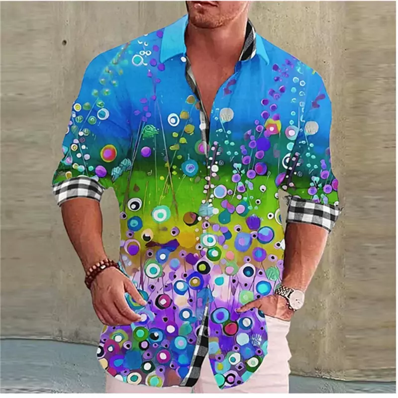 Solapa de manga larga para hombre, diseño de flores coloridas, camisa informal, suave y cómoda, top sedoso y liso