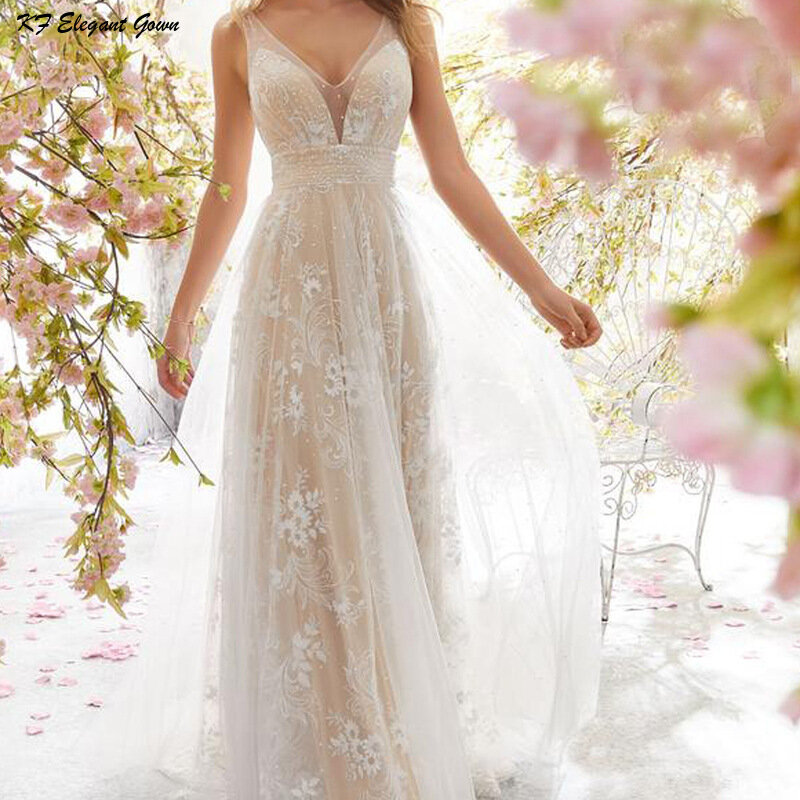 Женское свадебное платье без рукавов, белое кружевное платье с V-образным вырезом и открытой спиной