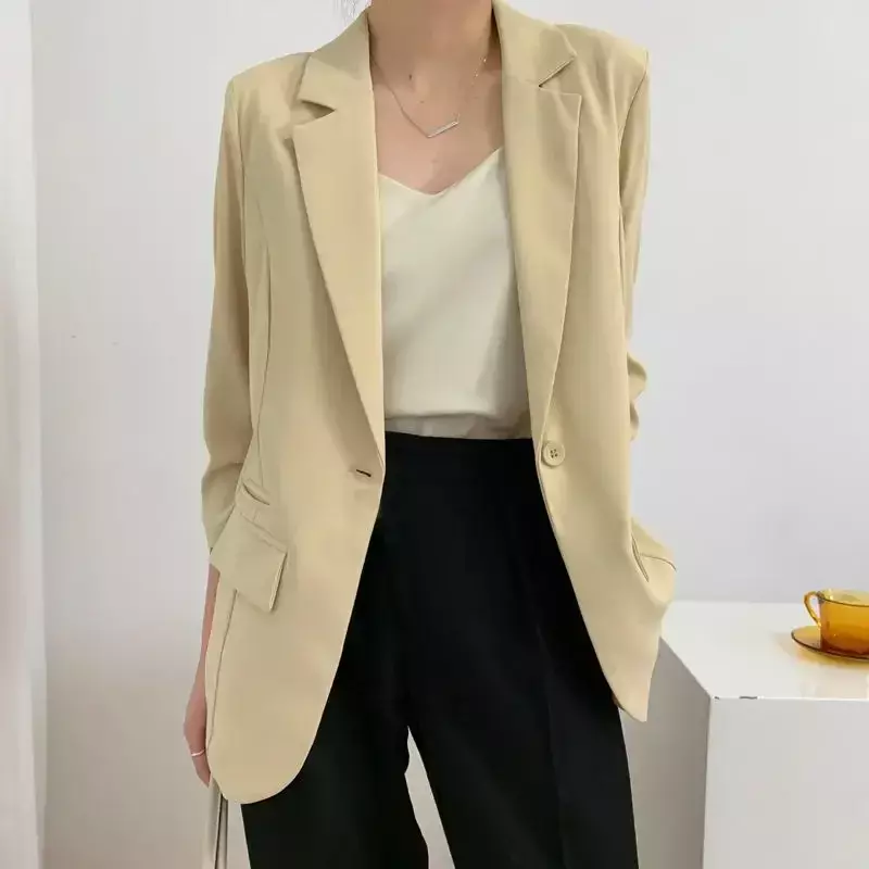 Blazer Vintage Korea wanita, pakaian kasual Solid sifon setelan jaket kantor atasan mode longgar Blazer Femenino