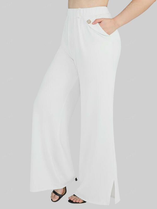 Rosegal กางเกงผู้หญิงไซส์ใหญ่พิเศษสีขาวมีกระเป๋าข้างมีกระดุมผ่าข้างกางเกงขายาวขากว้าง