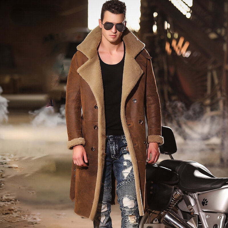 Jaket kulit asli pria, mantel terintegrasi bulu asli untuk pria, jaket bulu panjang selutut, mantel musim dingin pria