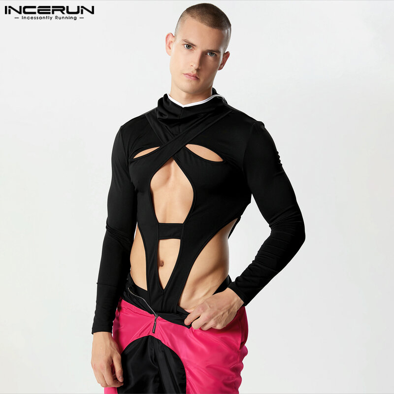 Incerun 2023 Sexy Mannen Bodysuits Houden Van Capuchon Uitgehold Gedeconstrueerd Ontwerp Rompertjes Mode Driehoek Lange Mouw Jumpsuits S-3XL