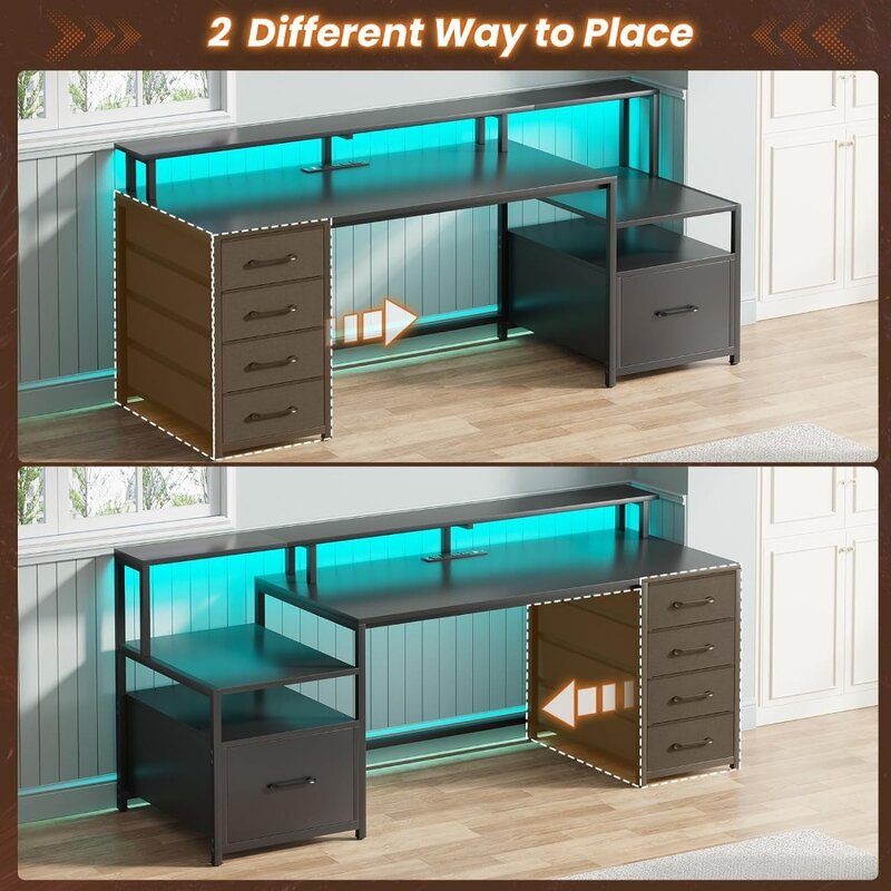Computer Desk with 5 Drawers, Power Socket and LED Light, 66 Inch Home Office Desk with File Drawer, Game Desk, Black