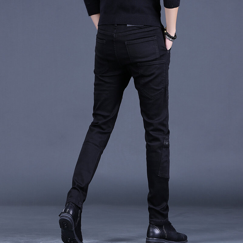 Calça reta justa masculina com zíper, jeans preto, bolsos múltiplos, moda de rua casual, calça jeans stretch, outono