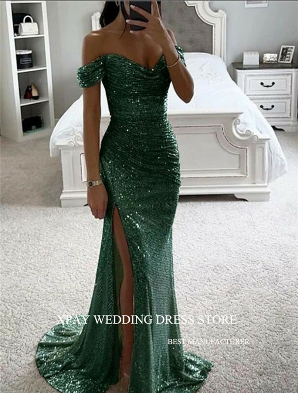 Xpay glitter erröten Meerjungfrau Ballkleider funkeln von den Schulter ärmeln geteilt lange Abendkleider Party Hochzeits kleid Vestidos