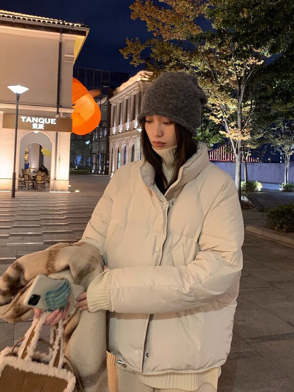 Mantel parka hangat untuk wanita, mantel katun hangat Mode Korea berbantalan, jaket kerah berdiri elegan musim gugur dan dingin
