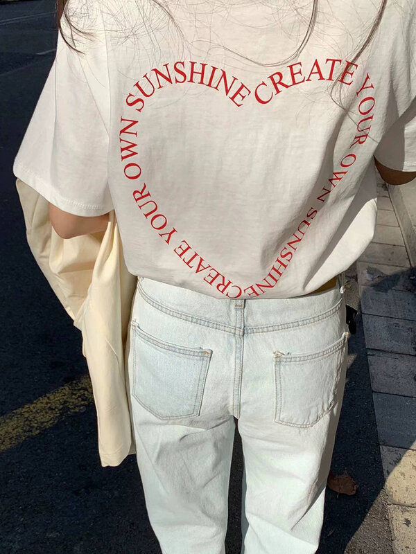 T-shirt à Manches Courtes et Col Rond pour Femme, Haut Décontracté et Simple, avec Image de Cœur dans le Dos, à la Mode Coréenne, Nouvelle Collection Été 2024