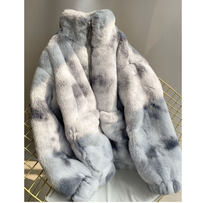 Jaket bulu kelinci imitasi wanita, mantel bulu domba tebal kerah berdiri setengah panjang longgar katun hangat musim dingin