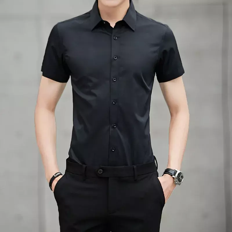 Рубашка мужская приталенная с коротким рукавом, модная сорочка тонкая черная, не гладить, однотонная Молодежная, лето 2024