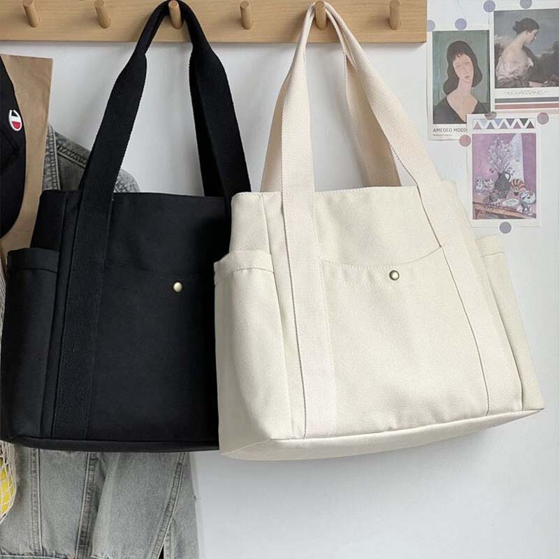 Large Capacity Canvas Solid Letter Tote Bag Versatile Handbag For Commuter Work Student Class Underarm Women's Bag Shopping Bag
