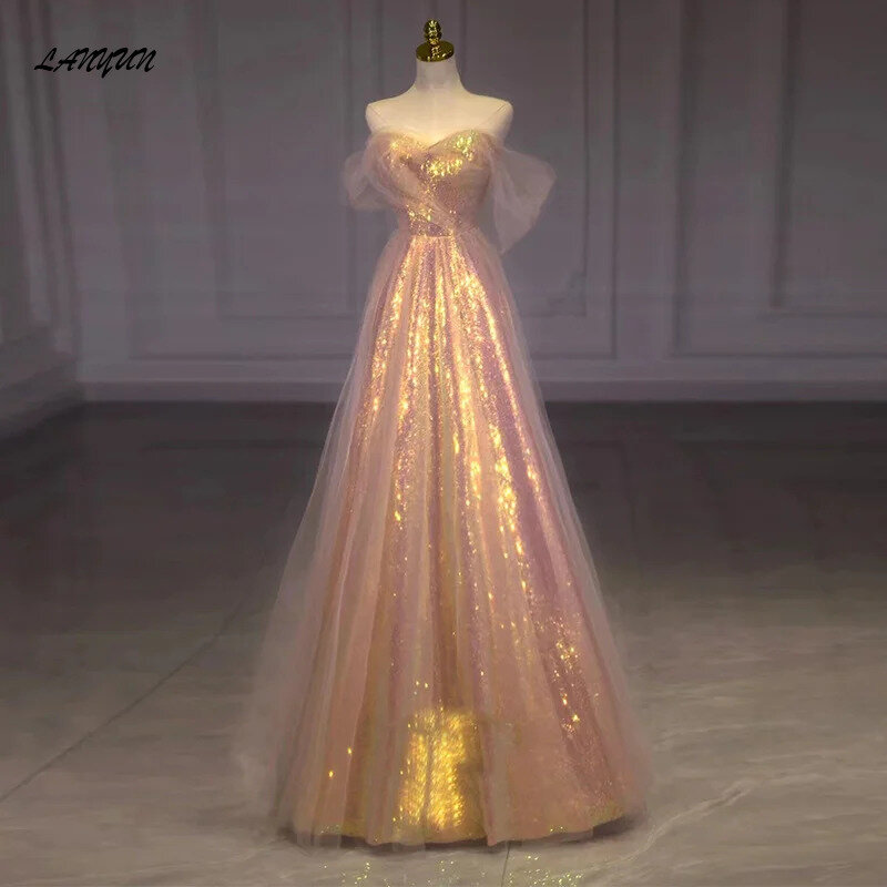 Bling różowa elegancka słodka suknia wieczorowa 2024 letnia łódka dekolt wąska talia siatkowy Design warstwowa suknia ślubna