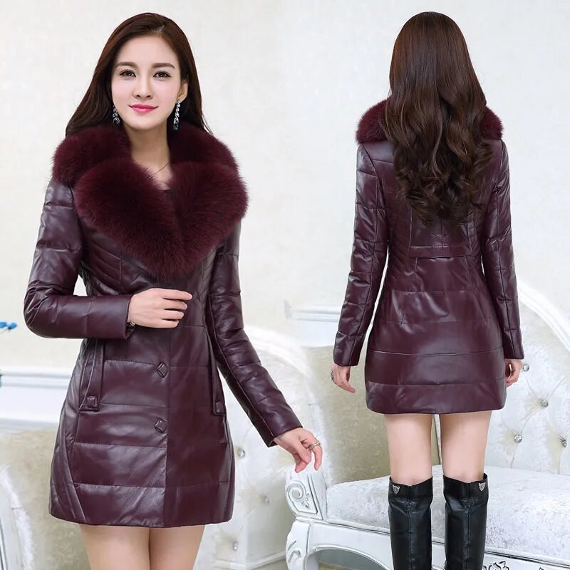 2022 Middle-Aged Elderly Female Leather Cotton Jacket Medium Long Loose Female Winter New Thicken Keep Warm Ladies Skin Coat
