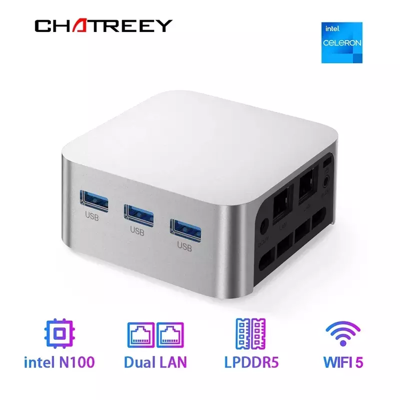 Chatreey  T8 Intel Celeron N100 Mini PC SSD Windows 11 Computer Dual LAN Three HD Firewall Server wifi 5