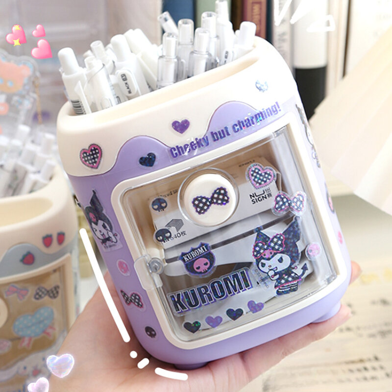 Kawaii Sanrio Kuromi-soporte para bolígrafos, organizador de escritorio de dibujos animados, My Melody Cinnamoroll, caja de almacenamiento de pegatinas, soporte para brochas de maquillaje
