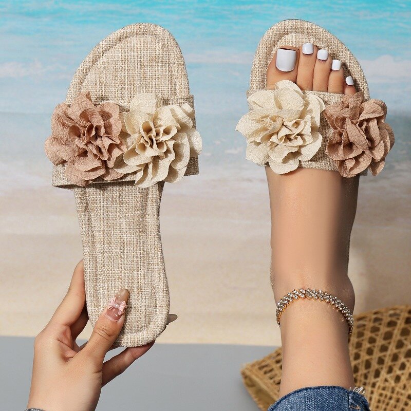 Klapki z motywem kwiatowym buty damskie modne w stylu Casual, letnia sandały 2024 plażowa klapki nowe zewnętrzne klasyczne przytulne Lady