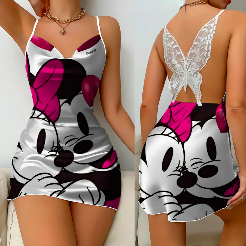 Disney-Vestido corto con lazo y espalda descubierta para mujer, minivestido Sexy con estampado de Mickey y Minnie Mouse, falda de satén para fiesta, moda de verano, 2024