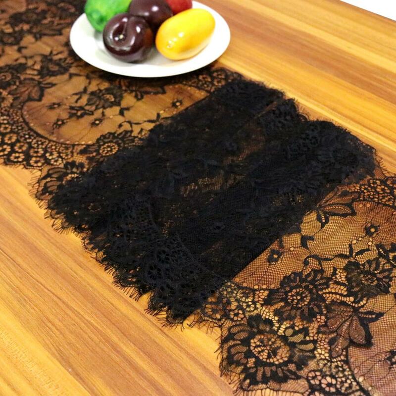 1pcs 35x300cm White Floral Lace Table Runner Black Table Cover Chair Sash for Banquet Baptism Wedding Party Table Decoration