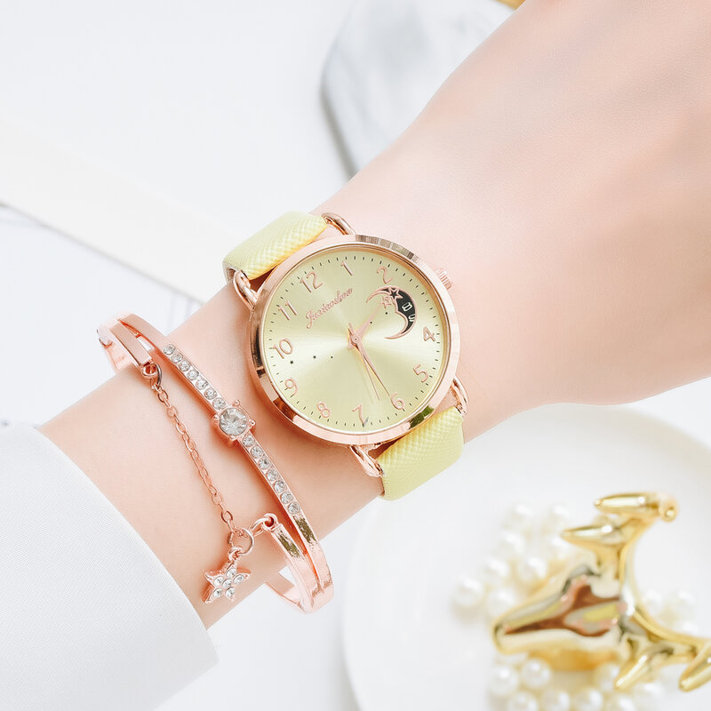 Conjunto de relojes de pulsera con esfera de números y Luna para Mujer, reloj de pulsera de cuarzo con banda de cuero, reloj femenino