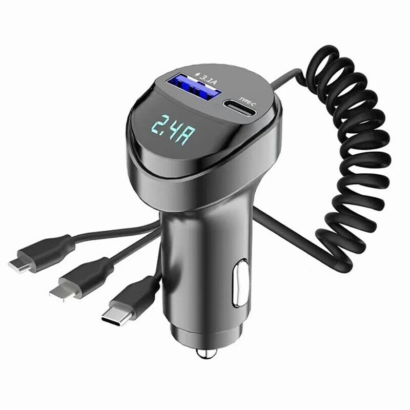 2 Ports USB Fast Car Phone Charger 3.1A Voltage Display Car 3in1 USB Retractable Charging Cable For Truck Automobile Vehicle