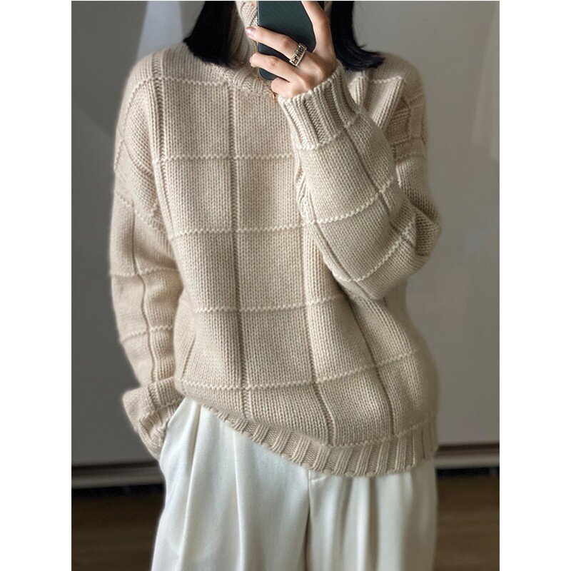 Wysoki dekolt gruby kaszmir sweter kobiet luźny koreański styl leniwy jesień zima nowy wełniany sweter z dzianiny pulower z golfem kobiet