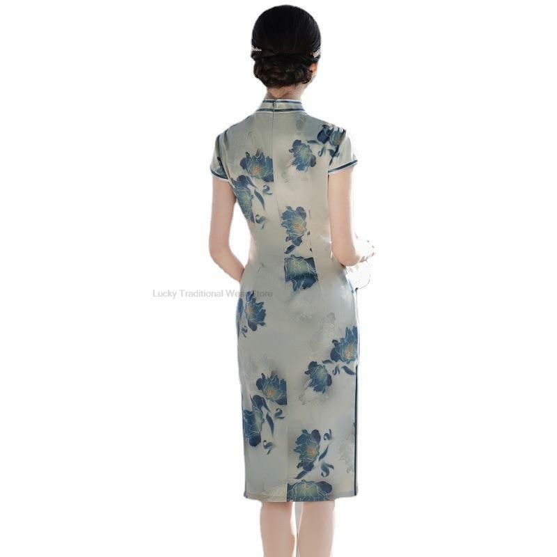 Современное улучшенное платье Ципао средней длины в китайском стиле повседневные Ретро модифицированные Шелковые летние платья для мам женское свадебное платье