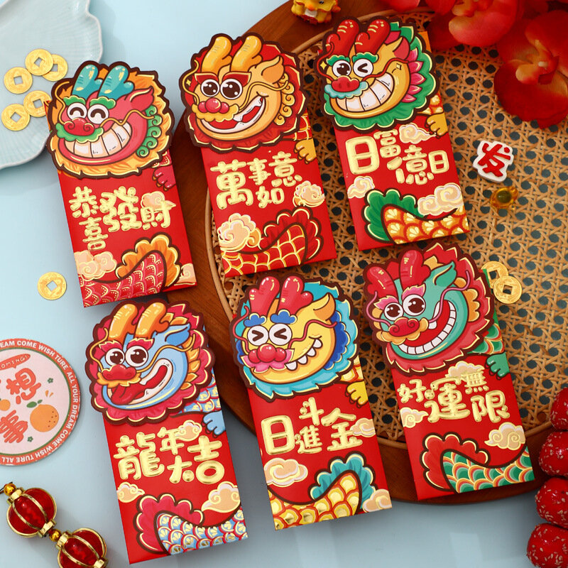 6 шт., красные конверты для китайского Нового года, 2024 год китайского дракона, милый мультяшный декор, яркие красные карманы, праздничный весенний декор
